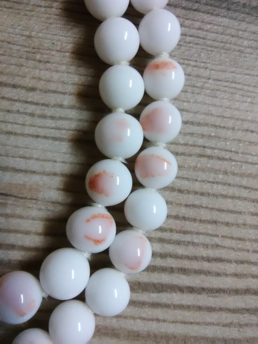 Castlecliff milk glass two strand necklace - white beads w/ pink / blush spots - Picture 6 of 14